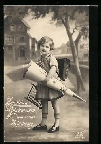 Foto-AK Amag Nr. 67221 /5: Junges Mädchen mit Schultüte und Rechenschieber