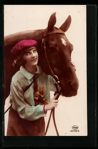 Foto-AK Amag Nr. 63156 /5: Junge Dame mit Hut und Pferd