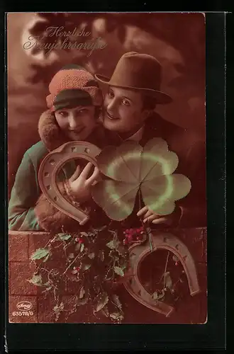 Foto-AK Amag Nr. 63578 /6: Paar mit Hufeisen und Glücksklee
