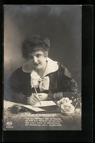 Foto-AK Amag Nr. 61816 /5: Wie oft, Geliebter, sah im Traume..., Junge Dame schreibt Liebesbrief