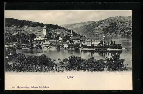 AK Spiez, Ortsansicht mit Kirche und See