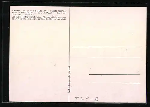 Künstler-AK Stuttgart, Das Alte Schloss während des Brandes 1931