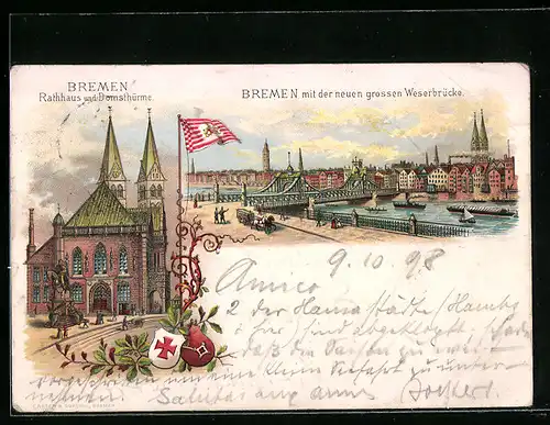 Lithographie Bremen, Rathaus und Domstürme, Grosse Weserbrücke