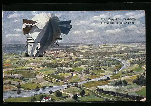 Künstler-AK Graf Zeppelins lenkbares Luftschiff in voller fahrt