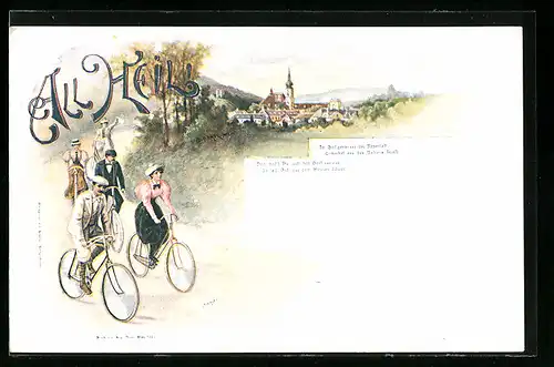 Lithographie Männer & Frauen bei einer Radtour, Ortsansicht