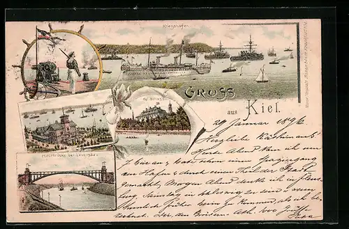 Lithographie Kiel, Kriegshafen, Hochbrücke b. Levensau, Kgl. Schloss