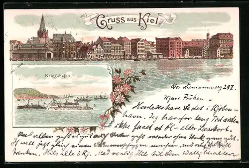 Vorläufer-Lithographie Kiel, 1894, Ortsansicht, Kriegshafen