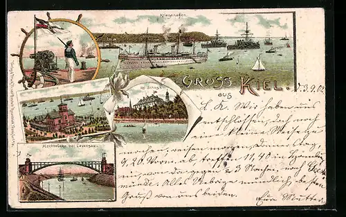 Lithographie Kiel, Kriegshafen, Hochbrücke bei Levensau