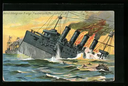 Künstler-AK Vernichtung von drei englischen Panzerschiffen durch U-Boot U9