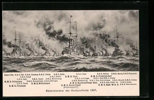 Künstler-AK Kaisermanöver der Hochseeflotte 1907, SMS Schwaben, SMS Wittelsbach, SMS York
