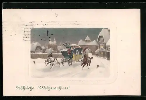 Künstler-AK Postkutsche braust durch die Winterlandschaft, Weihnachtsgruss