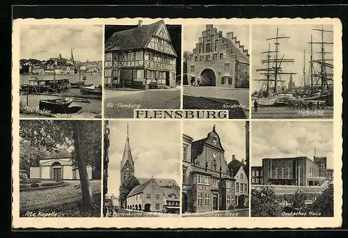 AK Flensburg, am Hafen, Alt-Flensburg, Nordertor, Hafenbild, Alte Kapelle, St. Marienkirche mit Schrangen