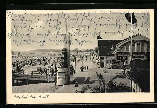 AK Grömitz i. H., Ostseebad, Promenade mit Cafe zum Monopol