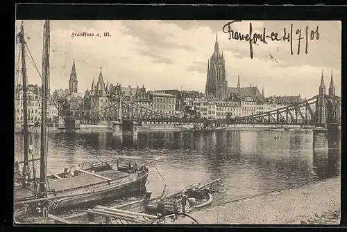 AK Alt-Frankfurt, Blick über den Main zur Stadt, Lastkahn