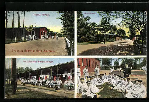 AK Zeithain, Truppenübungsplatz, Monthé-Strasse, Senfft-Strasse, Infanterie-Barackenlager, Soldaten bei der Fussdurchsicht
