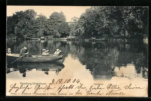 AK Hamburg-Uhlenhorst, Feenteich mit Boot