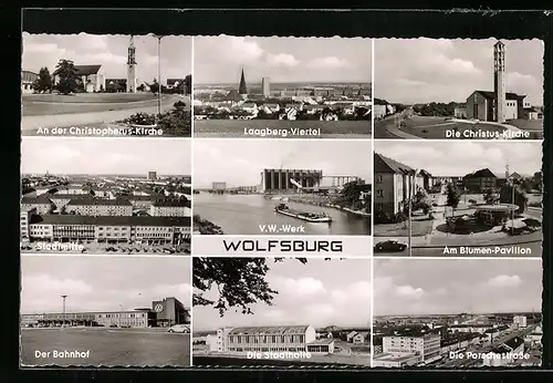 AK Wolfsburg, VW-Werk, Am Blumen Pavillon, Christus-Kirche, Laagberg-Viertel, Christopherus-Kirche, Bahnhof, Stadtmitte