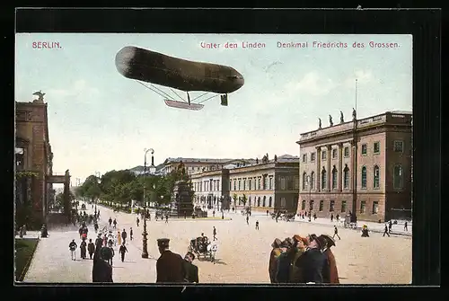 AK Berlin, Unter den Linden mit Zeppelin