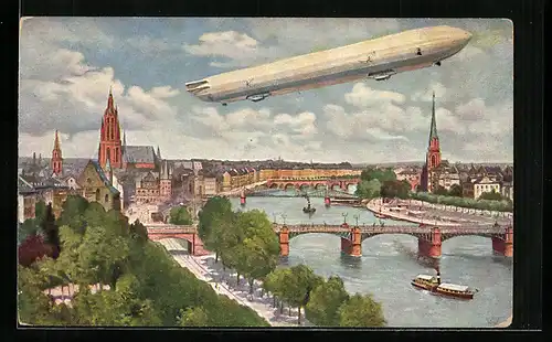 Künstler-AK Frankfurt /Main, Zeppelin über der Stadt