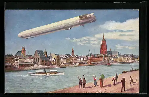AK Frankfurt a. M., Internationale Luftschiffahrts-Ausstellung, Uferpartie mit Luftschiff-Zeppelin