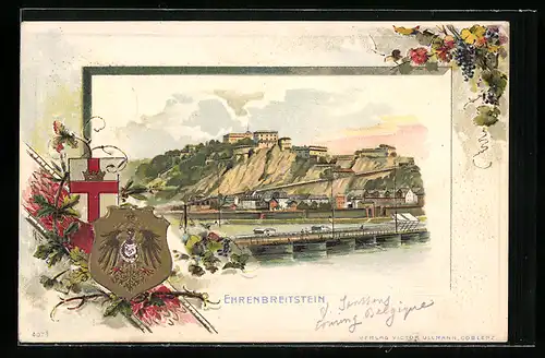 Passepartout-Lithographie Ehrenbreitstein, Panorama mit Schloss, Wappen