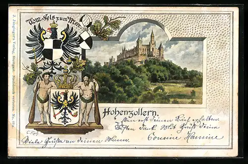 Passepartout-Lithographie Hechingen, Blick zum Schloss Hohenzollern, Wappen