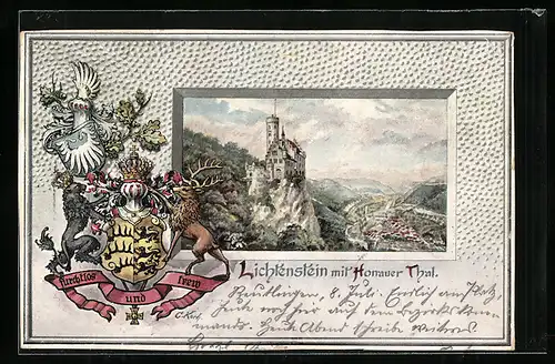 Passepartout-Lithographie Lichtenstein mit Honauer Thal, Wappen