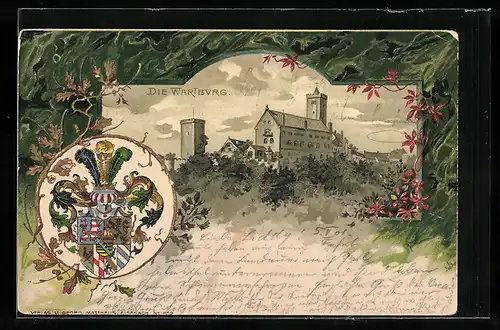 Passepartout-Lithographie Panoramablick auf die Wartburg, Wappen