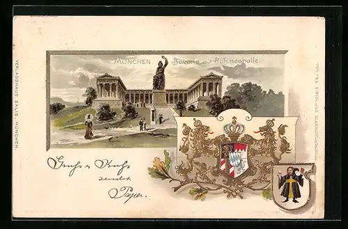 Passepartout-Lithographie München, Bavari mit Ruhmeshalle, Wappen, Münchner Kindl