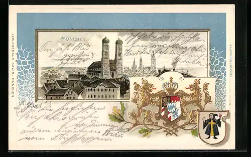 Passepartout-Lithographie München, Blick auf die Frauenkirche, Wappen
