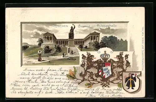 Passepartout-Lithographie München, Bavaria mit Ruhmeshalle, Wappen, Müchner Kindl