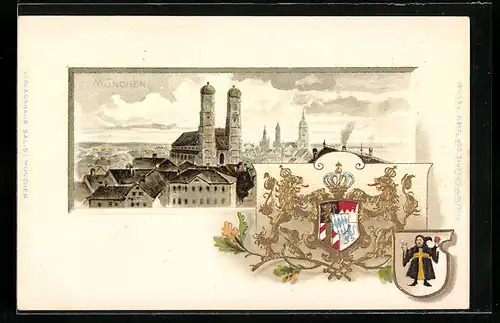 Lithographie München, Frauenkirche mit Wappen