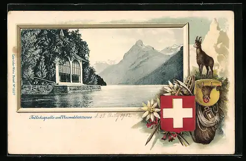 Lithographie Tellskapelle, Vierwaldstätter See, Passepartout mit Wappen & Gemse