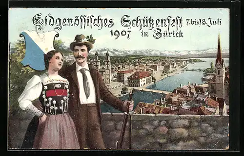 AK Zürich, Eidg. Schützenfest 1907, Dame in Tracht und Schütze mit Gewehr, Wappen