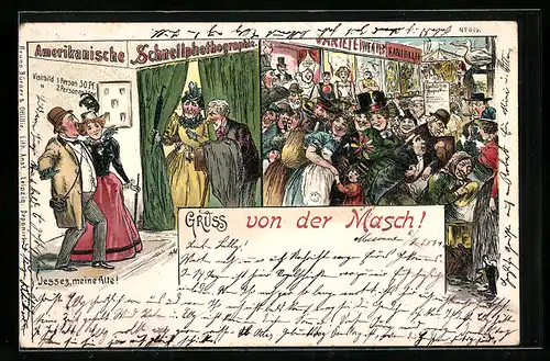 Lithographie Gruss von der Masch!, Amerikanische Schnellphotographie, Jesses, meine Alte!
