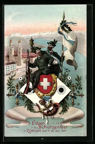Künstler-AK Zürich, Schweizer Schützenfest Juli 1907, Stadtansicht, Schützen in Trachten mit Wappen