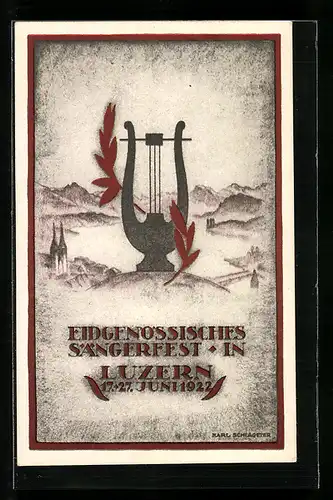 Künstler-AK Luzern, 23. Eidg. Sängerfest 1922, Lyra mit Lorbeer