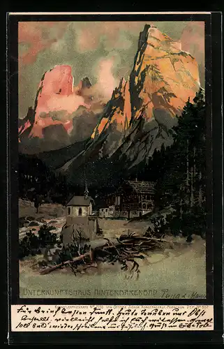 Künstler-AK Zeno Diemer: Hinterbärenbad, Blick auf Unterkunftshaus und Berge