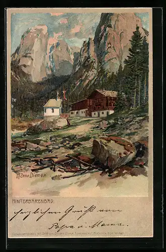 Künstler-AK Zeno Diemer: Hinterbärenbad, das Gasthaus unter dem Berg