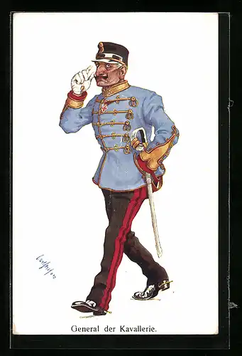 Künstler-AK Carl Josef Pollak: General der Kavallerie in Uniform mit Säbel marschiert
