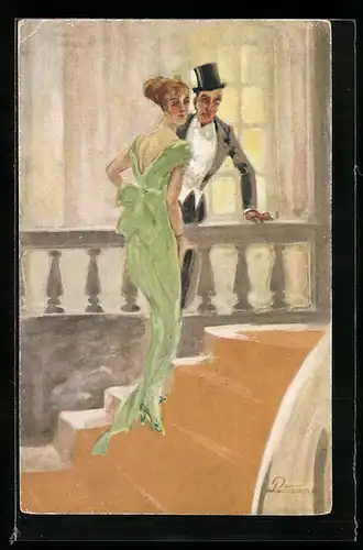 Künstler-AK von Puttkammer: Dame im langen grünen Kleid, Herr mit Zylinder