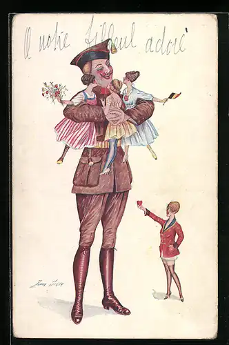 Künstler-AK Xavier Sager: Petit femmes pour poilus, Soldat mit drei kleinen Frauen im Arm