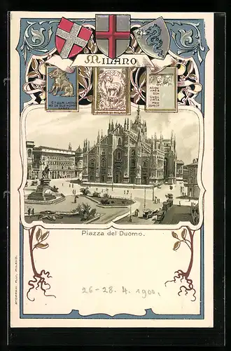 Passepartout-Lithographie Milano, Piazza del Duomo, Wappen