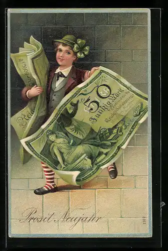 AK Knabe mit Geldscheinen - Neujahrsgruss