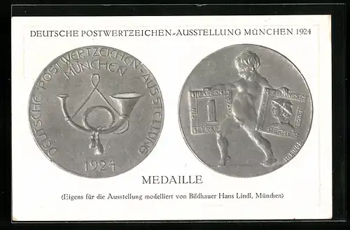 AK München, Deutsche Postwertzeichen-Ausstellung 1924, Medaille modelliert von Bildhauer Hans Lindl