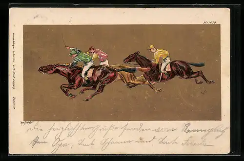 Künstler-AK Bruno Bürger & Ottillie Nr. 1630: Beim Pferderennen