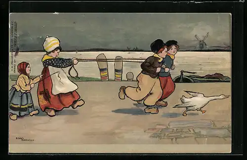 Künstler-AK Ethel Parkinson: Kinder beim Spielen, Tracht, Holzschuhe, Ente