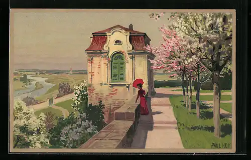 Künstler-Lithographie Paul Hey: Frau zur Baumblüte blickt hinab auf den Fluss