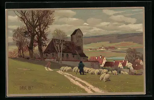 Künstler-Lithographie P. Hey: Schäfer mit Herde auf der Weide vor der Kirche