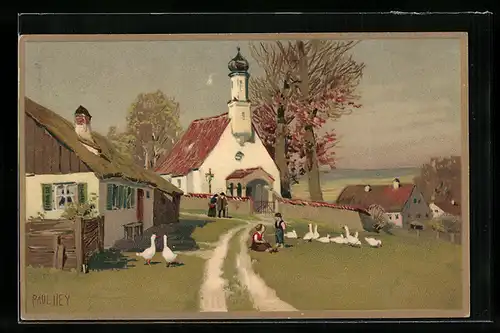 Künstler-Lithographie Paul Hey: Blick zur Gemeindekirche